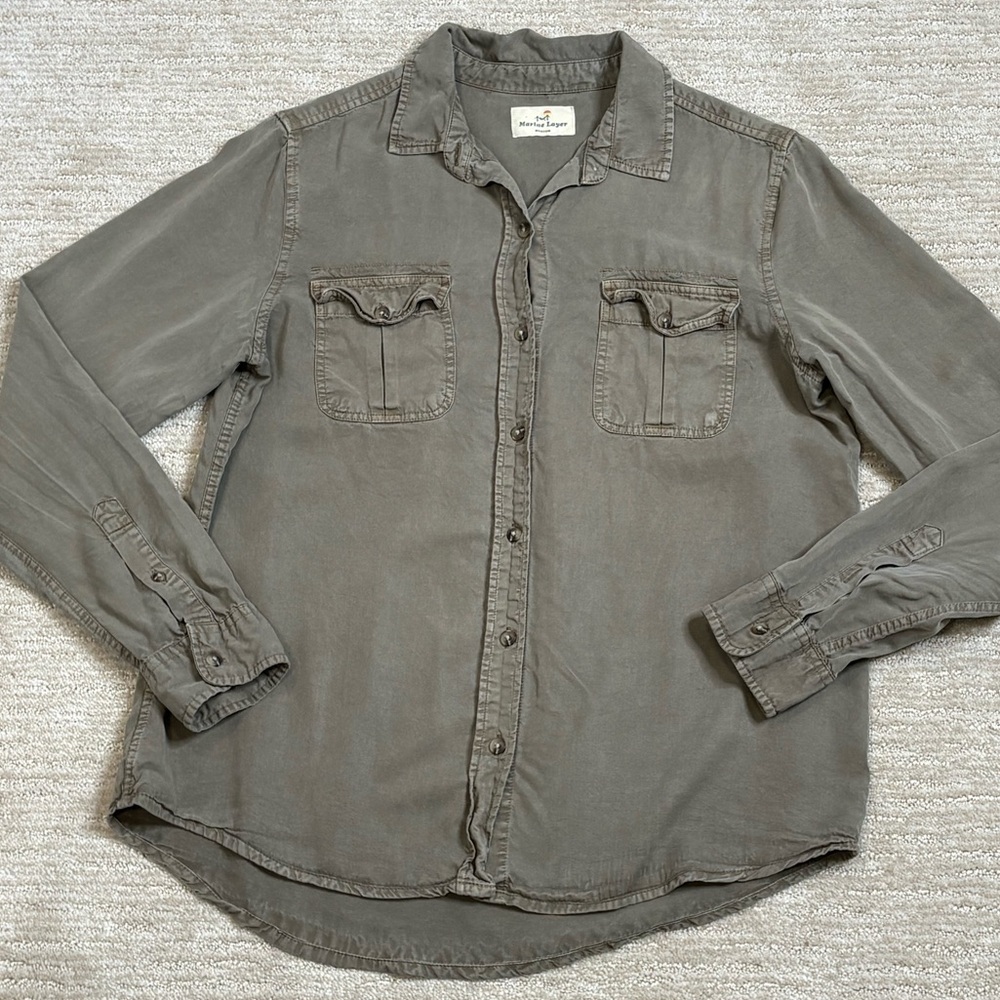 Marine Layer Womens 100% Tencel Long Sleeve Cargo Button Down Shirt Size M Olive - Picture 9 of 10